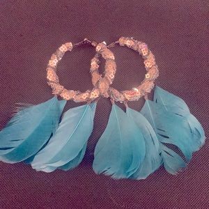 Blue Feather Hoop Earrings